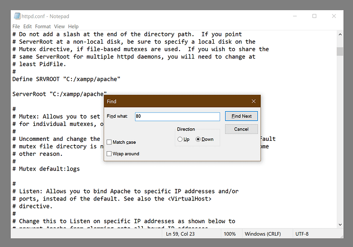 Abrir un cuadro de diálogo de búsqueda para el puerto 80 en httpd.conf para resolver el mensaje de apagado inesperado de apache por error de XAMPP.