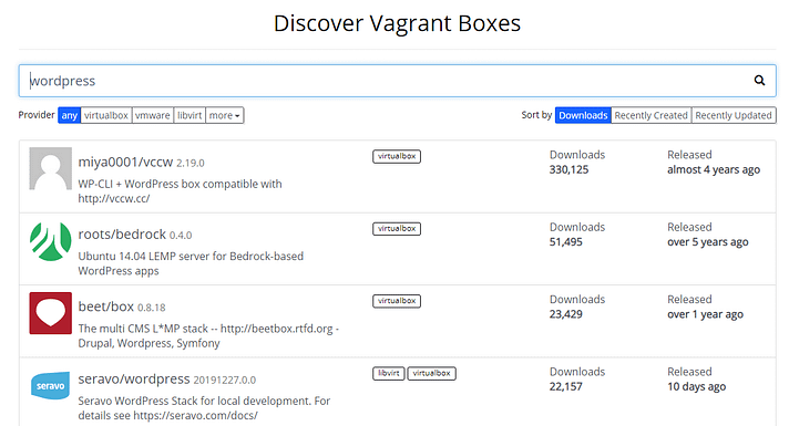 Algunos ejemplos de cajas Vagrant WordPress.