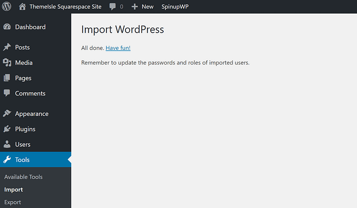 Importación de WordPress desde Squarespace
