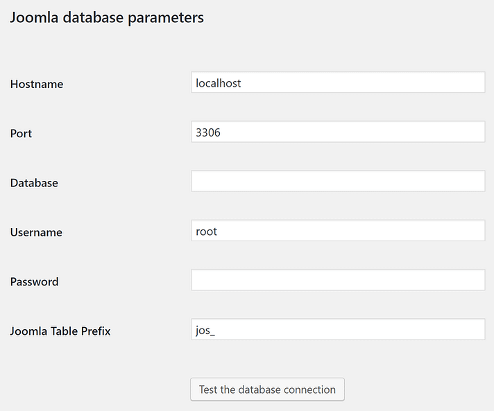La configuración de los parámetros de la base de datos de importación.