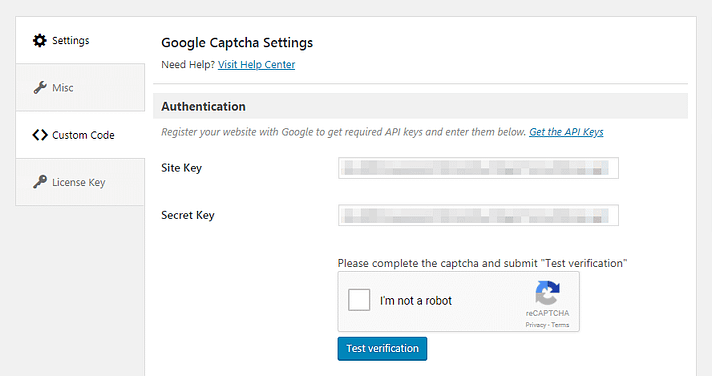 La opción de prueba del complemento Google Captcha.