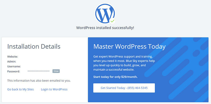 Los detalles de instalación de WordPress en Bluehost